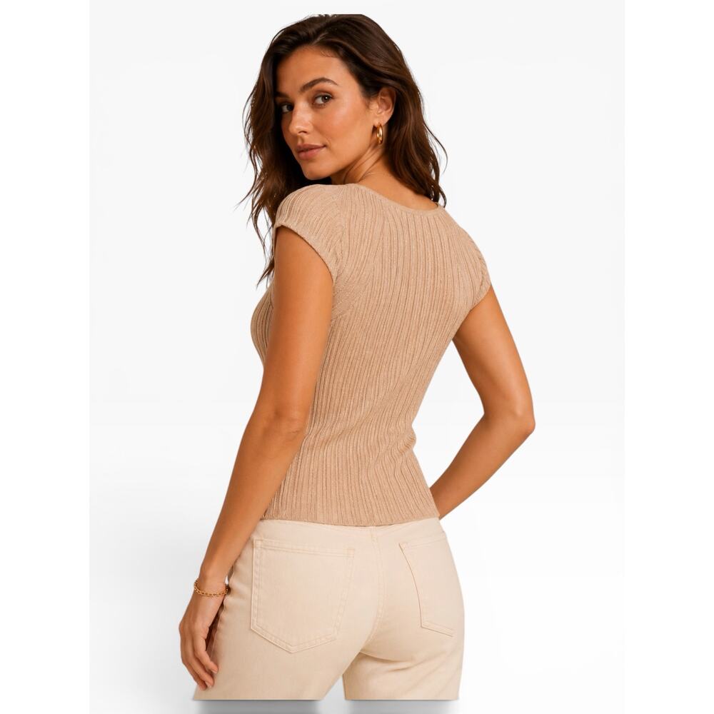 Express Ribbed Metallic Shimmer Cap Sleeve Sweater Top Size S NWT - Picture 3 of 9